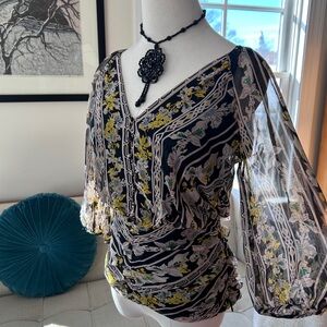 Diane Von Furstenberg Black Floral Sheer Blouse with Yellow & Green Accents